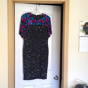 Like New,  Fancy Cocktail Dress, black/teal/Fushia, Silk,  Size 8, Brand Stenay
